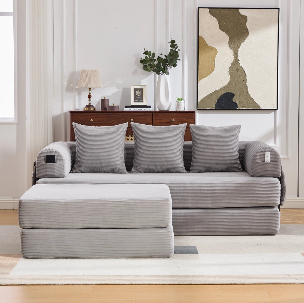 Divano modulare in velluto a coste con pouf, grigio chiaro