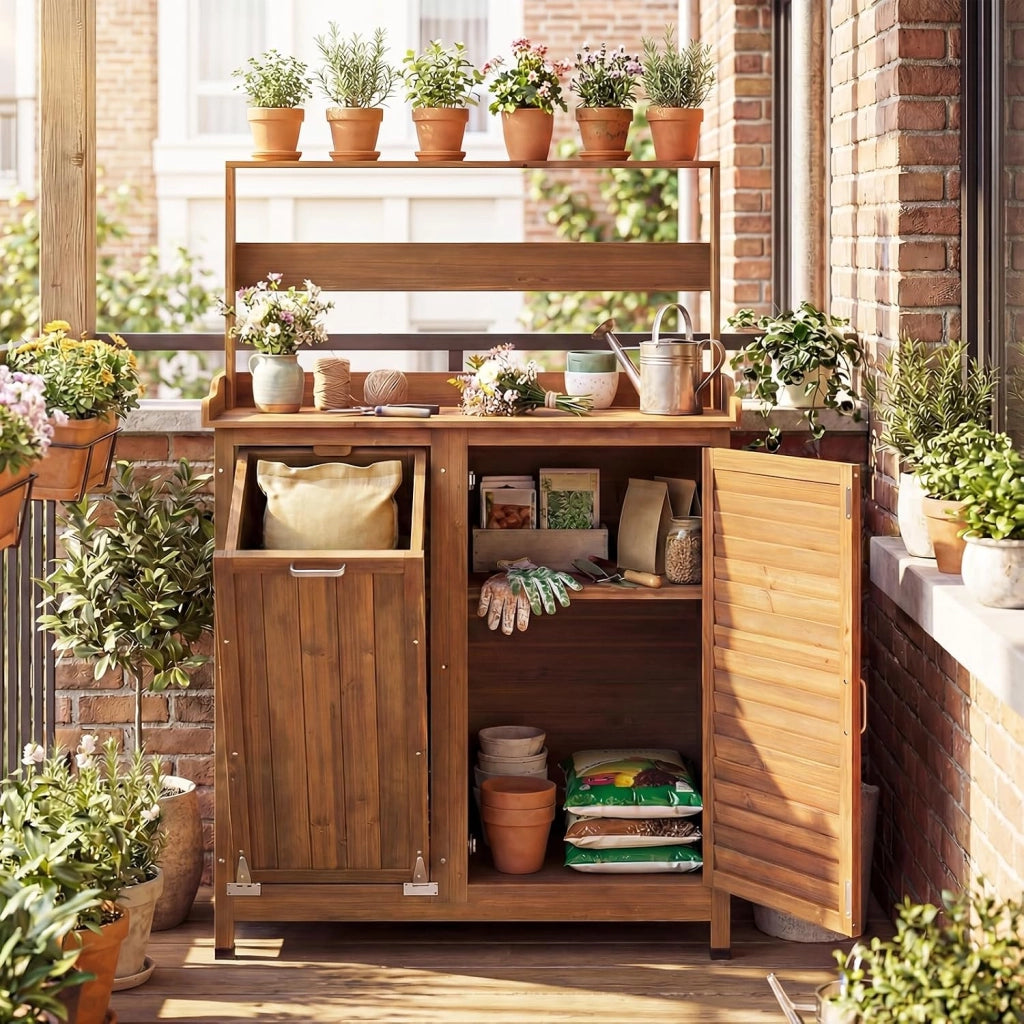 Tavolo da Giardinaggio, Armadietto da Esterno in Legno Massello con Ripostiglio, Ripiani Rimovibili e 2 Ante, Tavolo da Lavoro per Piante da Giardino, Prato e Cortile