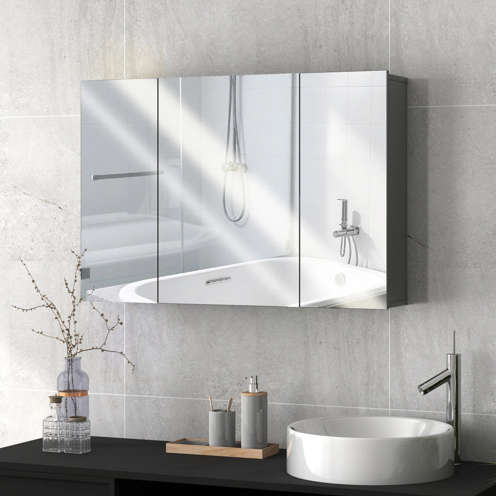 Armadio a muro per bagno con 3 ante specchio e ripiani regolabili ¨C Zephmum ¨C MDF grigio 90x60x15 cm