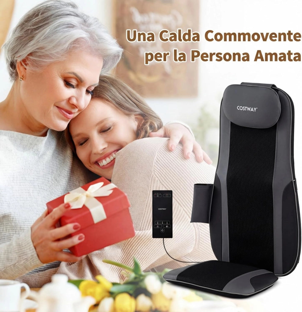 Sedile Massaggiatore per Schiena con Calore, Cuscino Massaggiante Shiatsu per Poltrona con 4 Nodi Impastanti a Rotazione e 2 Motori Vibranti, Massaggiatore 3D per Collo e Schiena