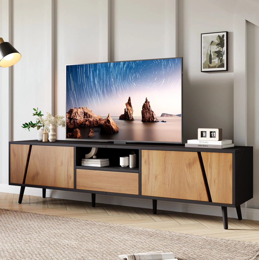 Mobile TV 180x40x46 cm nero e legno con 2 ante, cassetto e vani aperti