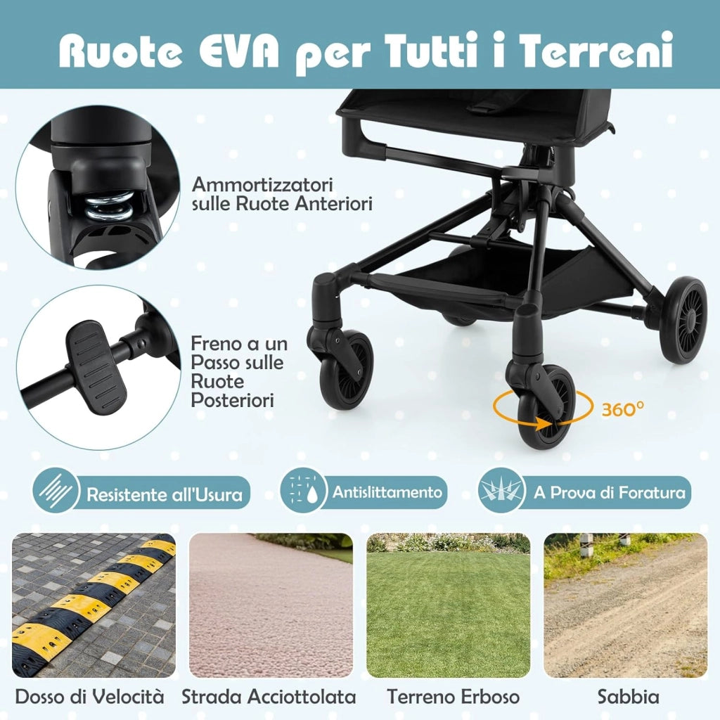 Passeggino Leggero per Bambini, Passeggino Compatto con Tettuccio Regolabile, Cestino di Stoccaggio e Ruote, Passeggino Pieghevole per Bambini 6+ Mesi