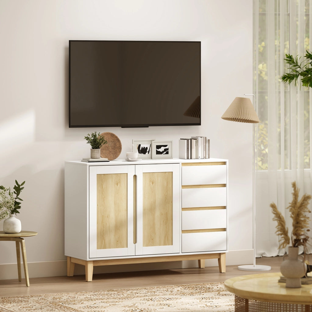 Mobile Buffet con 2 Ante e 4 Cassetti ¨C Xylo ¨C Bianco e Rovere 120x40x86 cm