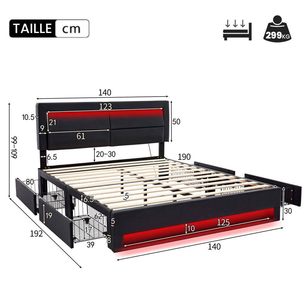 Letto Matrimoniale 140x190 cm; USB; LED e 4 Cassetti con Rete a Doghe in PU; Nero