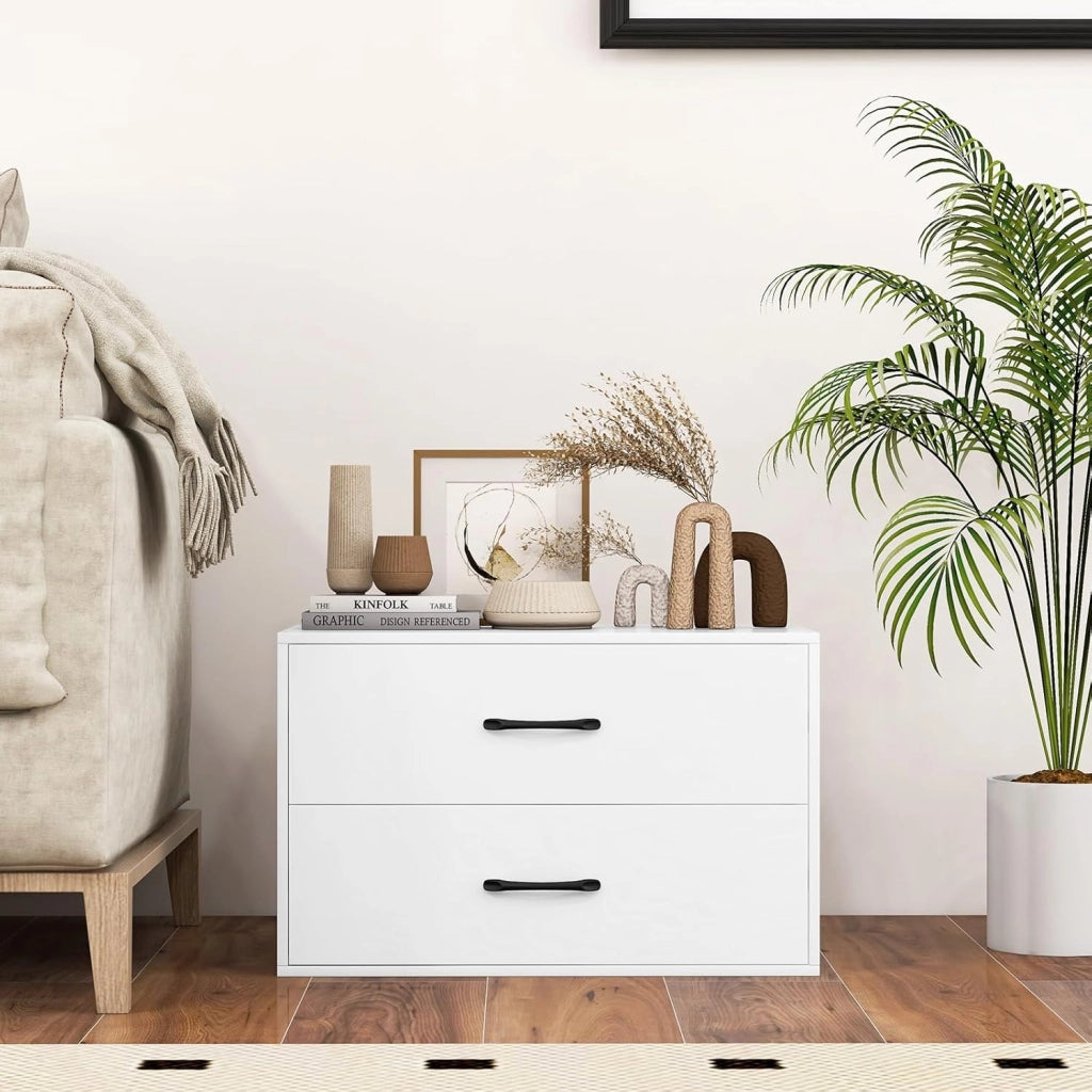 Organizzatore di Stoccaggio Impilabile con 2 Cassetti, Mobile Orizzontale con Kit Anti-Ribaltamento, Comò Multiuso per Soggiorno Studio Ufficio, 60x34x38 cm (Bianco)