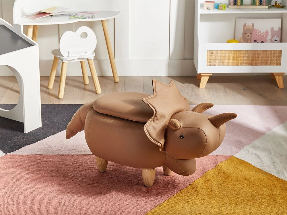 Animale Triceratopo Sgabello per bambini Tessuto in poliestere marrone Gambe in legno imbottite contenitore Poggiapiedi cameretta