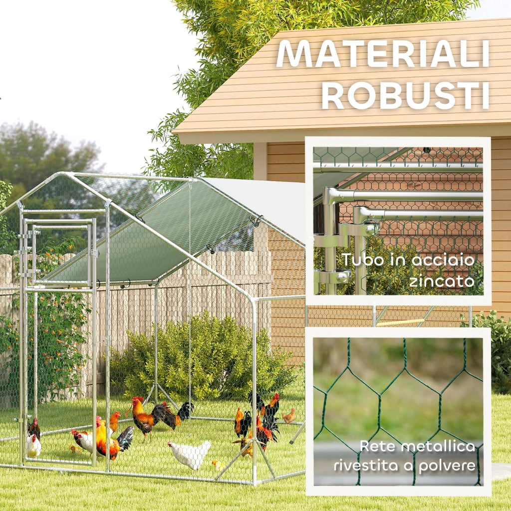 Recinto per Galline da 12 mq 300x400x195 cm per 12-18 Animali con Tetto Impermeabile Mangiatoia e Posatoio Argento
