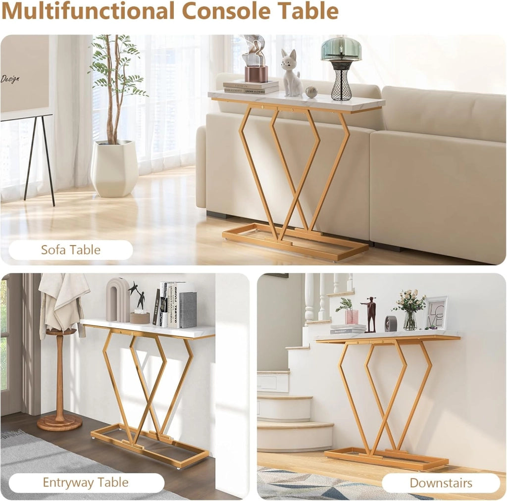 Tavolo consolle da ingresso, 100 x 29,5 x 80 cm, superficie in marmo artificiale e gambe metalliche, tavolo stretto per dietro il divano, tavolo rettangolare per lobby, soggiorno
