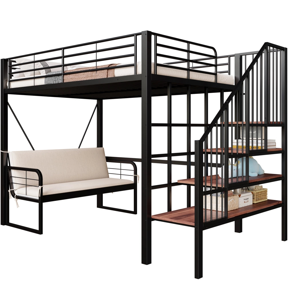 Letto a castello 140 x 200 cm in metallo con divano imbottito e scala contenitore