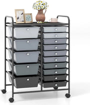 Carrello con 15 Cassetti Impilabili, Carrello di Stoccaggio con Ruote, Carello Portaoggetti per Casa e Ufficio, 63 x 37 x 87 cm (Nero 2)