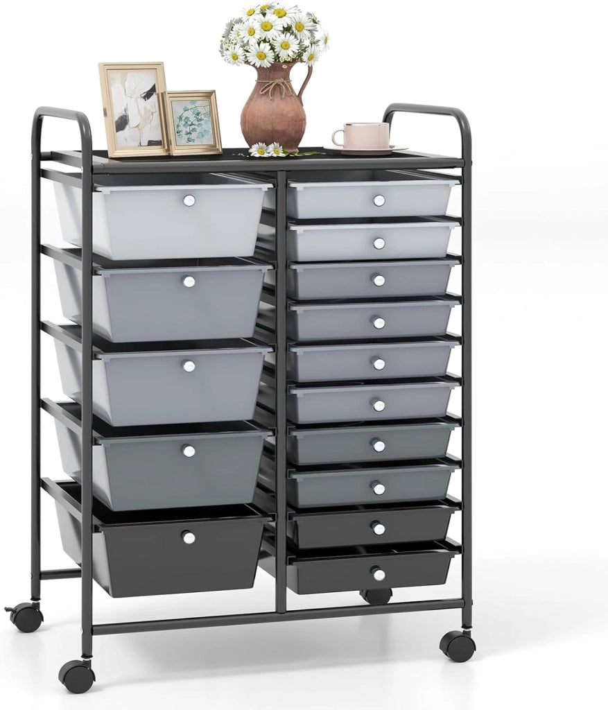 Carrello con 15 Cassetti Impilabili, Carrello di Stoccaggio con Ruote, Carello Portaoggetti per Casa e Ufficio, 63 x 37 x 87 cm (Nero 2)
