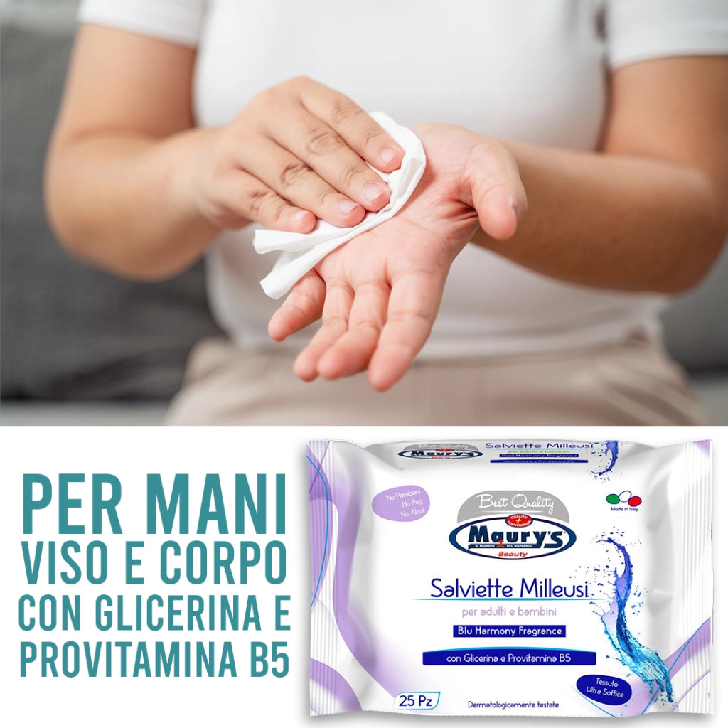 MAURY'S SALVIETTE DETERGENTI UMIDIFICATE MILLEUSI BLU HARMONY 25 PZ PER ADULTI E BAMBINI