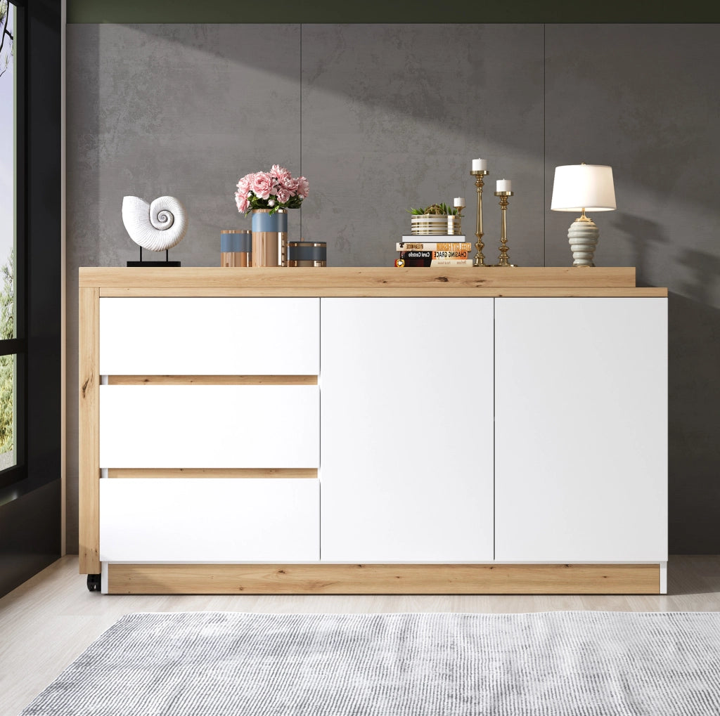 Scrivania pieghevole e girevole con 2 porte e 3 cassetti; 120x50x78 cm; bianco e rovere; in pannello truciolare