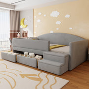 Letto imbottito 90x190 cm in velluto grigio acqua con cassetti e scalini