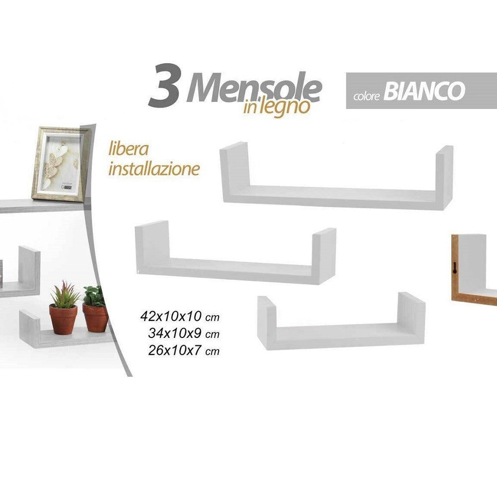 Trade Shop - Set 3 Mensole Parete In Legno Color Bianco Moderne Design Bordi Scaffale 621710 -