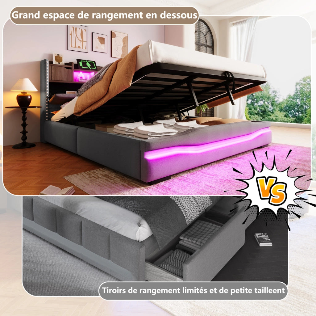Letto imbottito ULEVR 180x200 cm con contenitore idraulico, LED, prese USB e Type-C, grigio