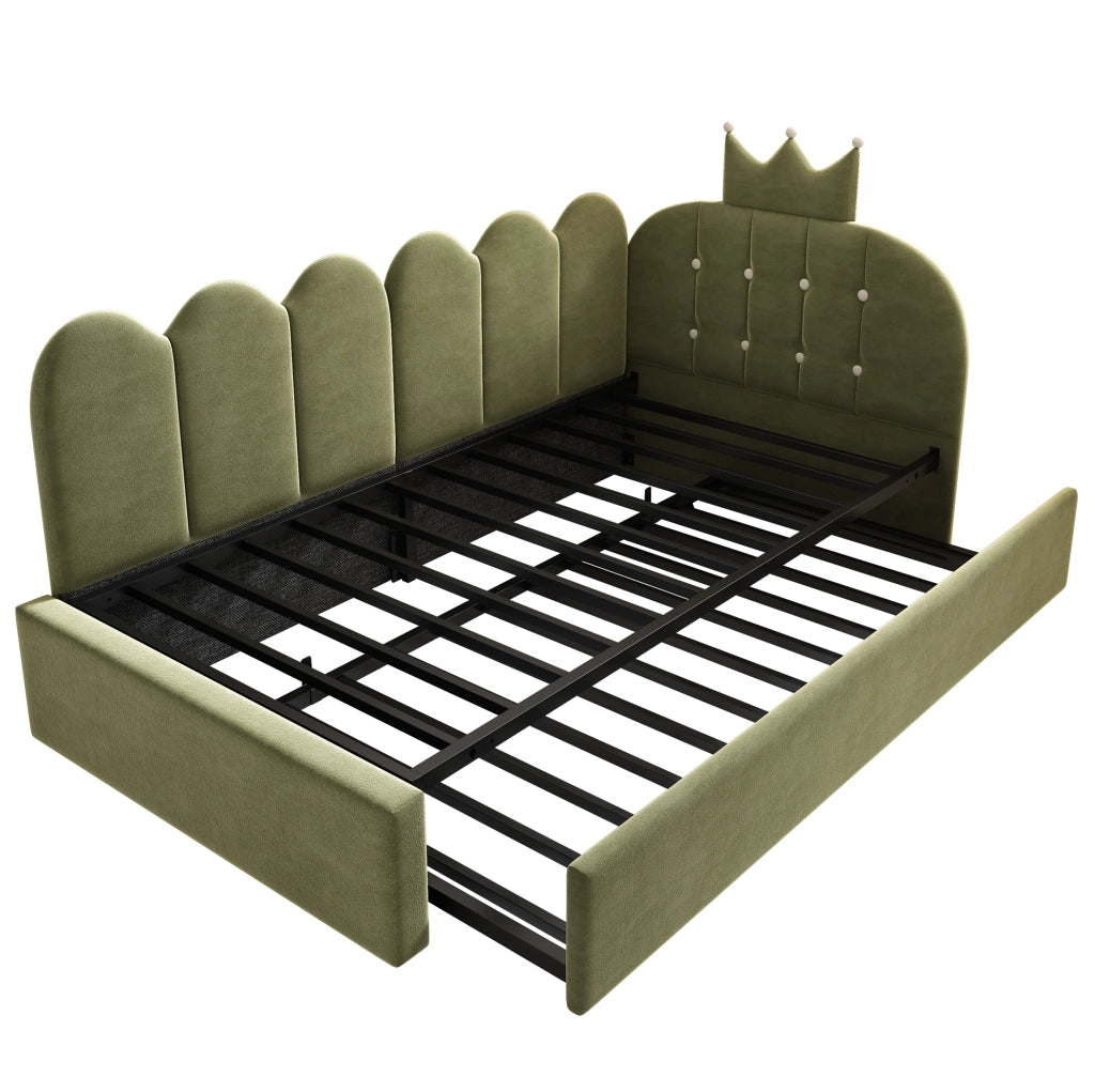 Letto daybed con letto estraibile 90x200 cm in velluto verde; design a corona