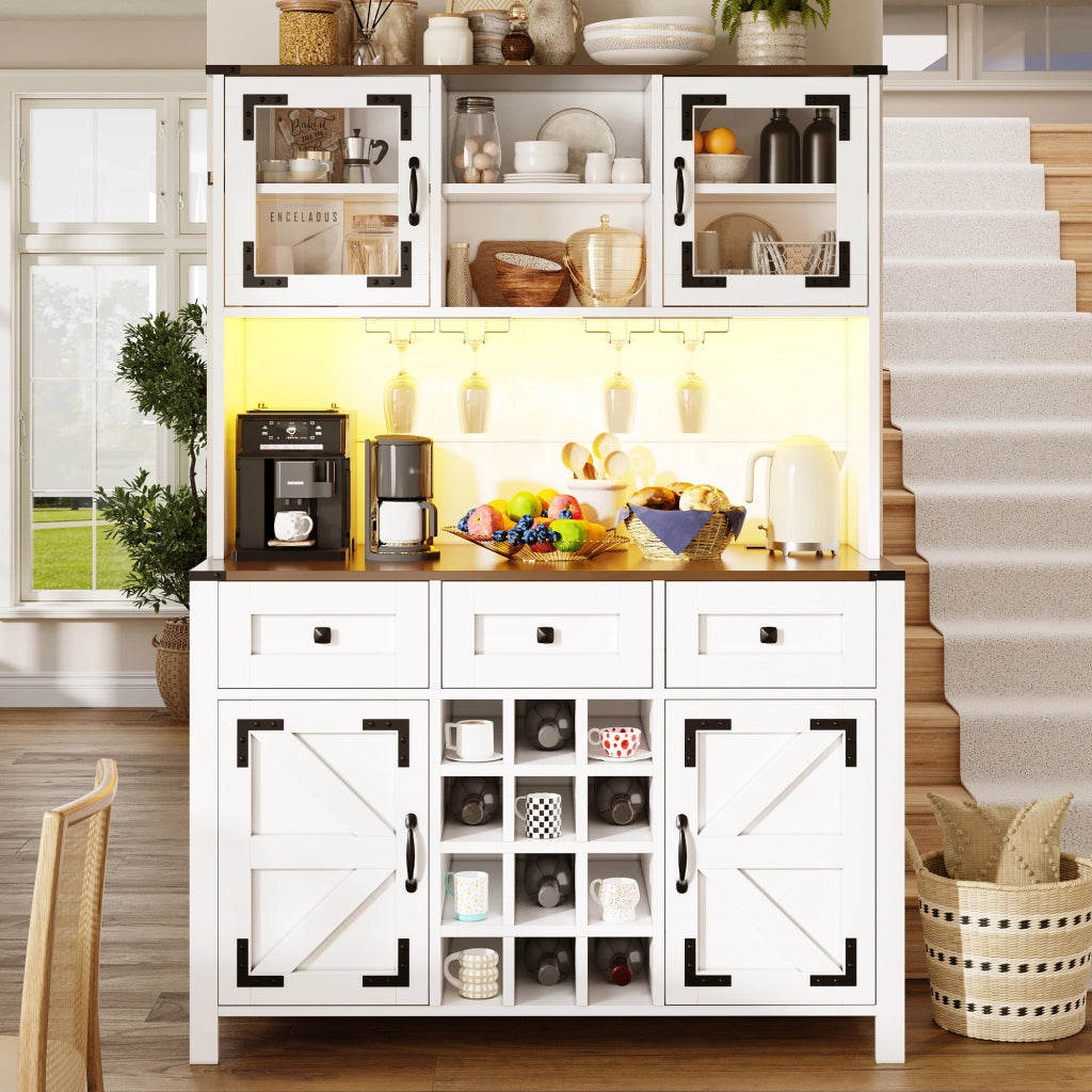 Credenza Alta da Cucina con 4 Ante; 3 Cassetti; LED; Prese e USB; in MDF e Vetro; 120 x 40 x 170 cm; Bianca