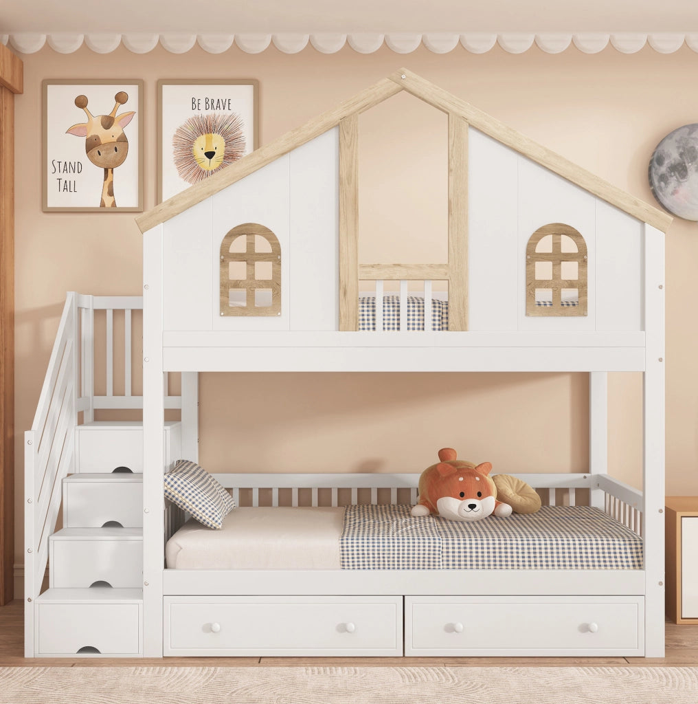 Letto a castello per bambini 90x200 cm con scala contenitore e 2 cassetti