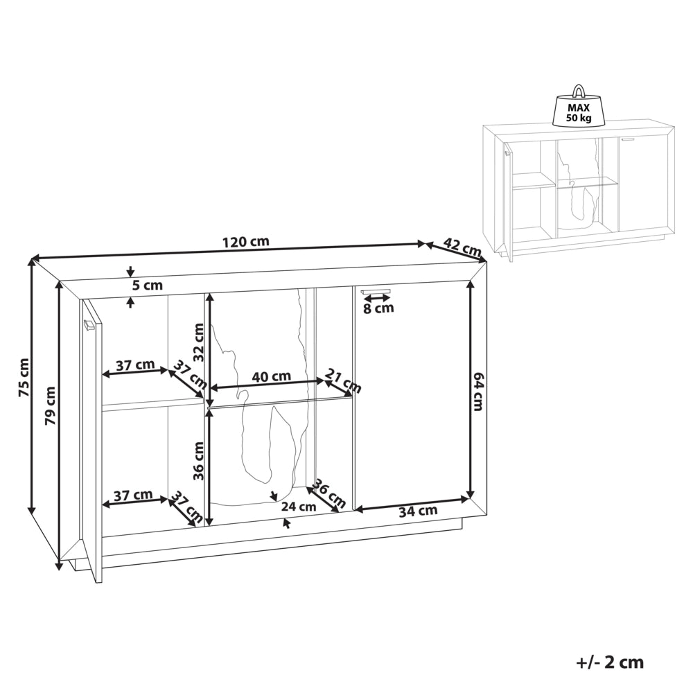 Credenza LED in legno chiaro nero 120 x 42 cm MDF con 2 ante e mensole soggiorno camera da letto rustico
