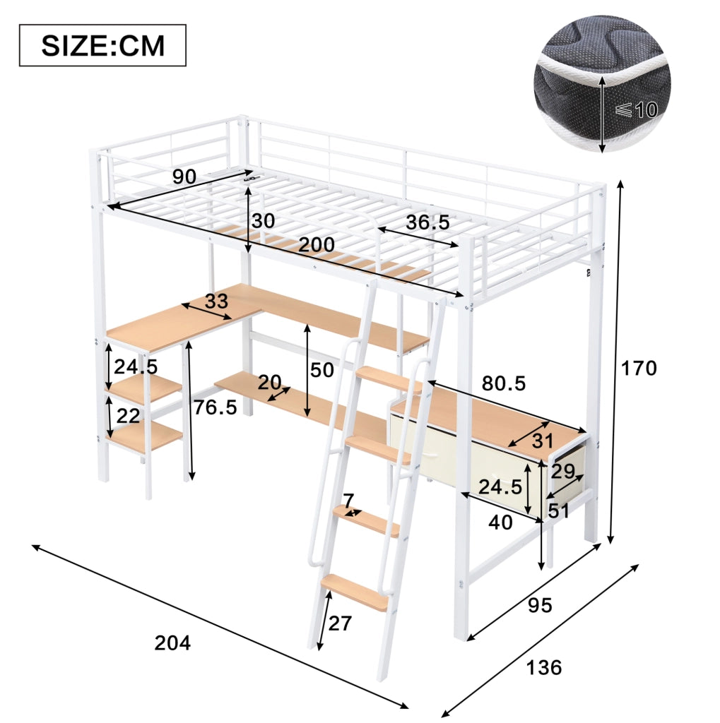 Letto a soppalco 90x200 cm con scrivania, box contenitive e scaffale