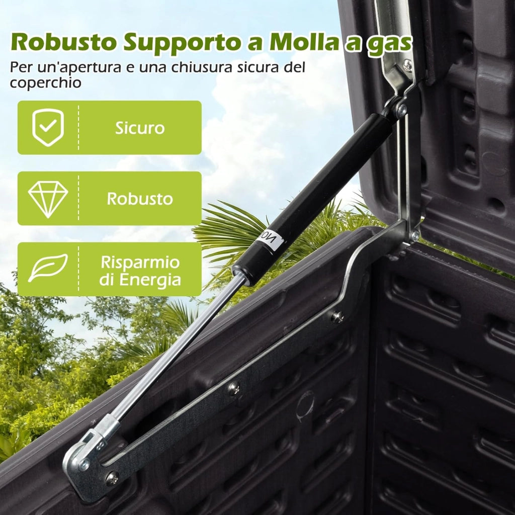 Baule da Esterno 300L Impermeabile in Resina, Cassapanca Contenitore da Esterno con Pistoni a Gas, Predisposizione per Serratura e 2 Maniglie Laterali, Resistente, 114 x 55 x 61 cm (Marrone)