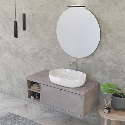 Mobile bagno sospeso 110 cm grigio cemento con cassetto e vano a giorno completo di lavabo e specchio Master