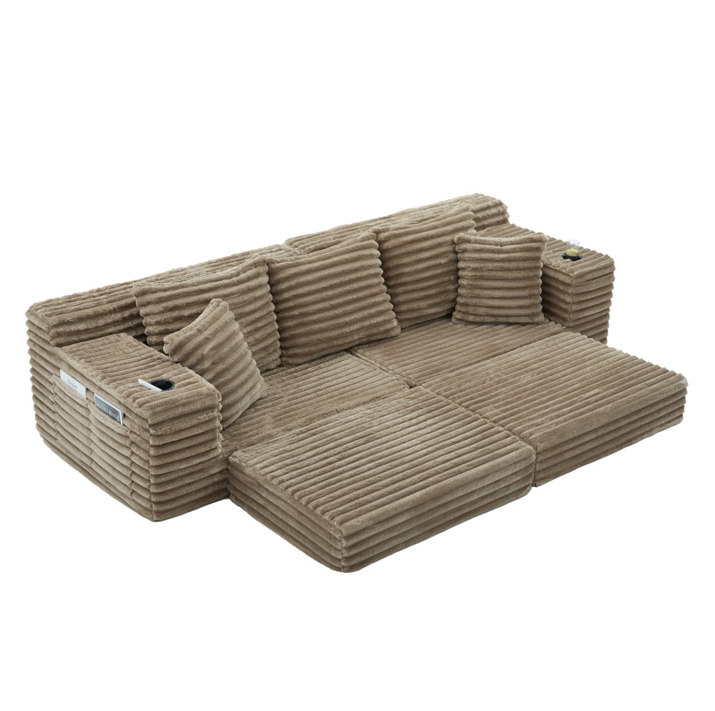 Divano componibile trasformabile in divano letto con tasche laterali e portabicchieri; 273 cm; corduroy khaki