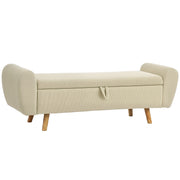 Panca contenitore, panca imbottita effetto velluto a coste, gambe in legno e braccioli arrotondati, beige