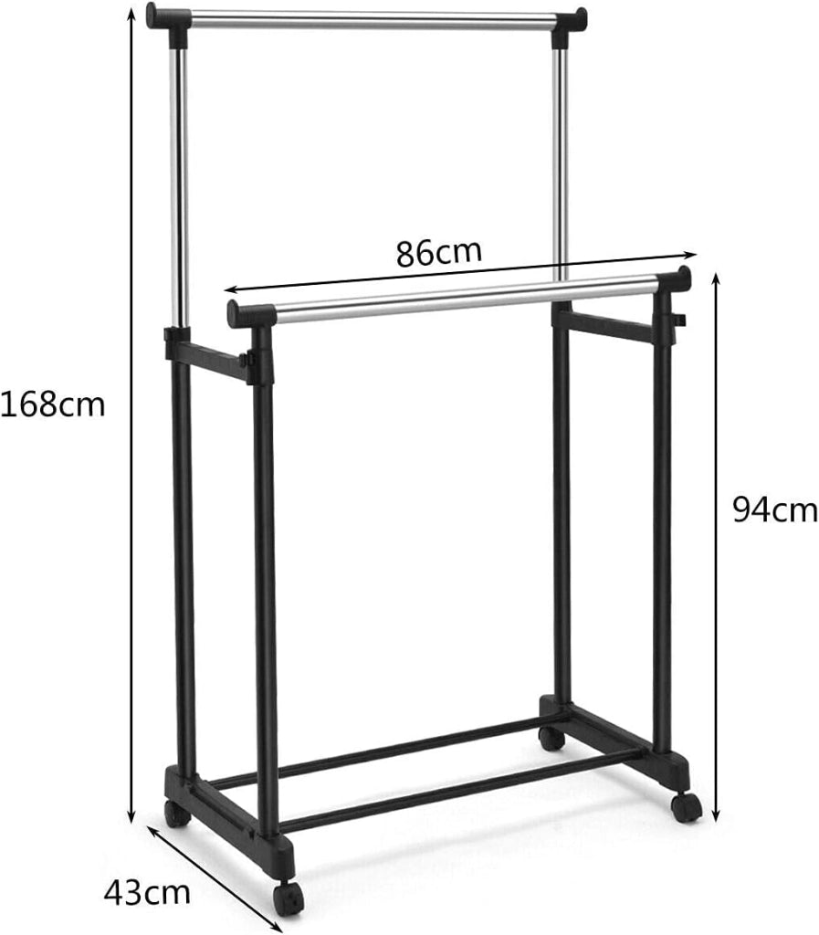 Stand Appendiabiti Multiuso in Metallo, Porta Abiti con Ruote, Appendiabiti Doppio con Altezza Regolabile, 86x43x94-168 cm