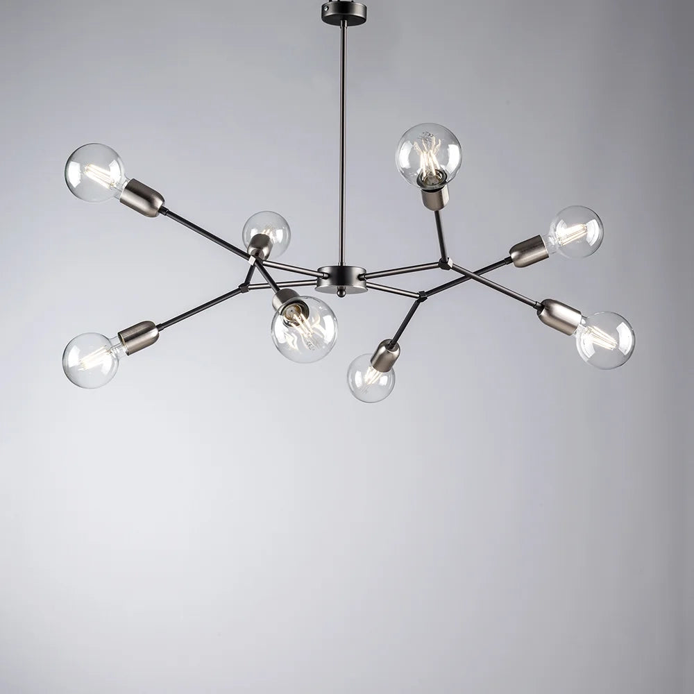 Sospensione Minimale 8 Luci Ferro Nero Satinato E Cromo Serie Hex