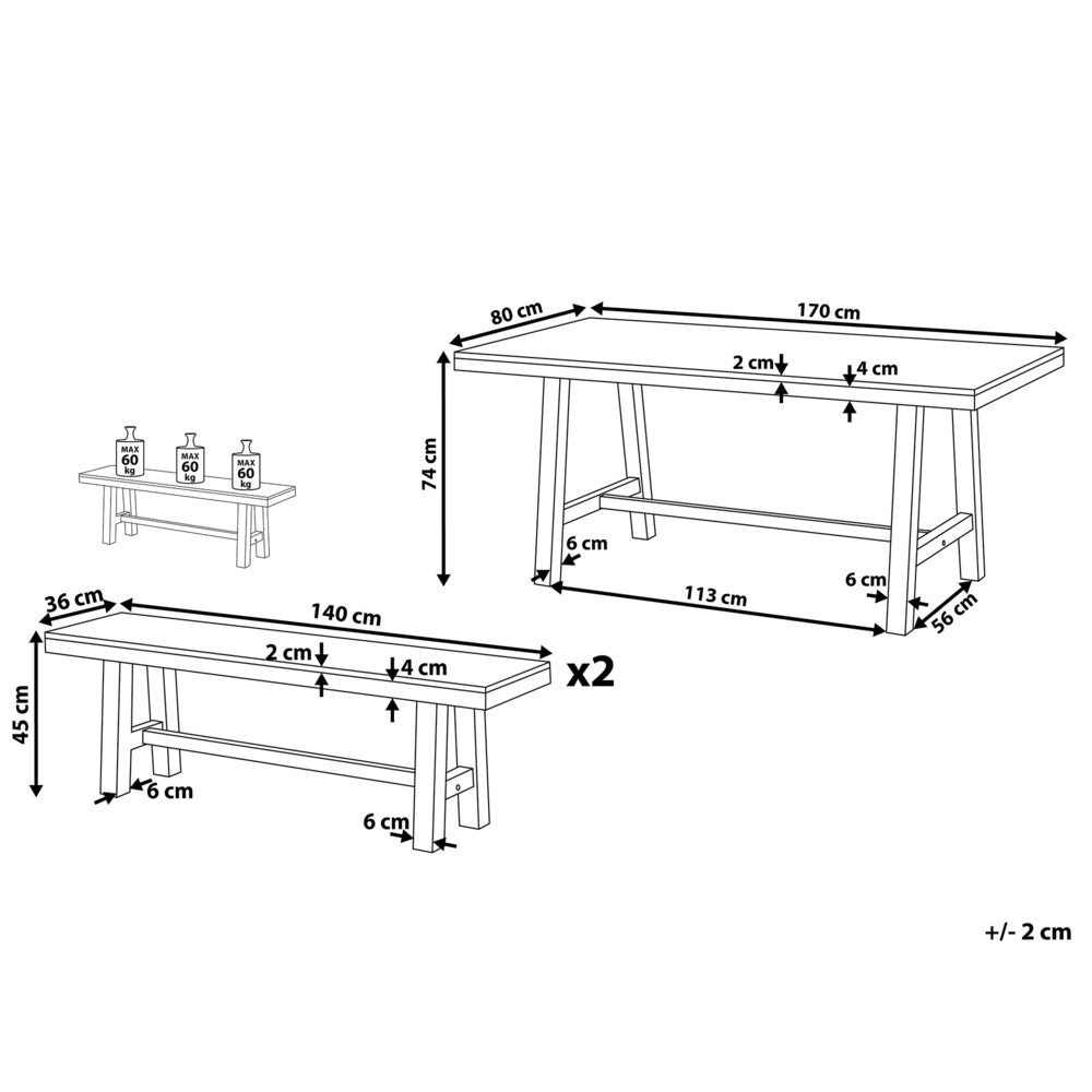 Set da pranzo da giardino Piano in legno chiaro Gambe nere da esterno 3 pezzi Tavolo rettangolare in legno di acacia 2 panche