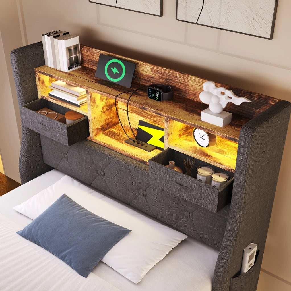 Letto singolo 90x200 cm imbottito in lino grigio con LED; testiera contenitore e porte USB