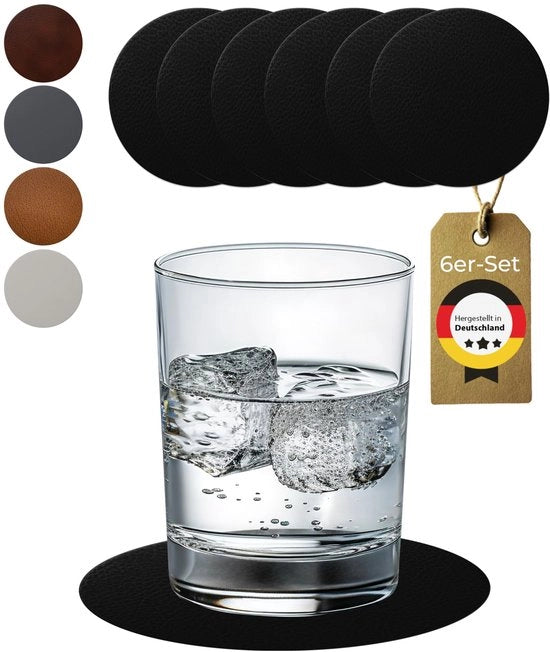 Set di Supporti per Vassoio in Pelle Nera Ronde con Base in Vetro - Antiscivolo e Lavabile - Protezione Perfetta per la Tavola - 6 pezzi - Made in Germany