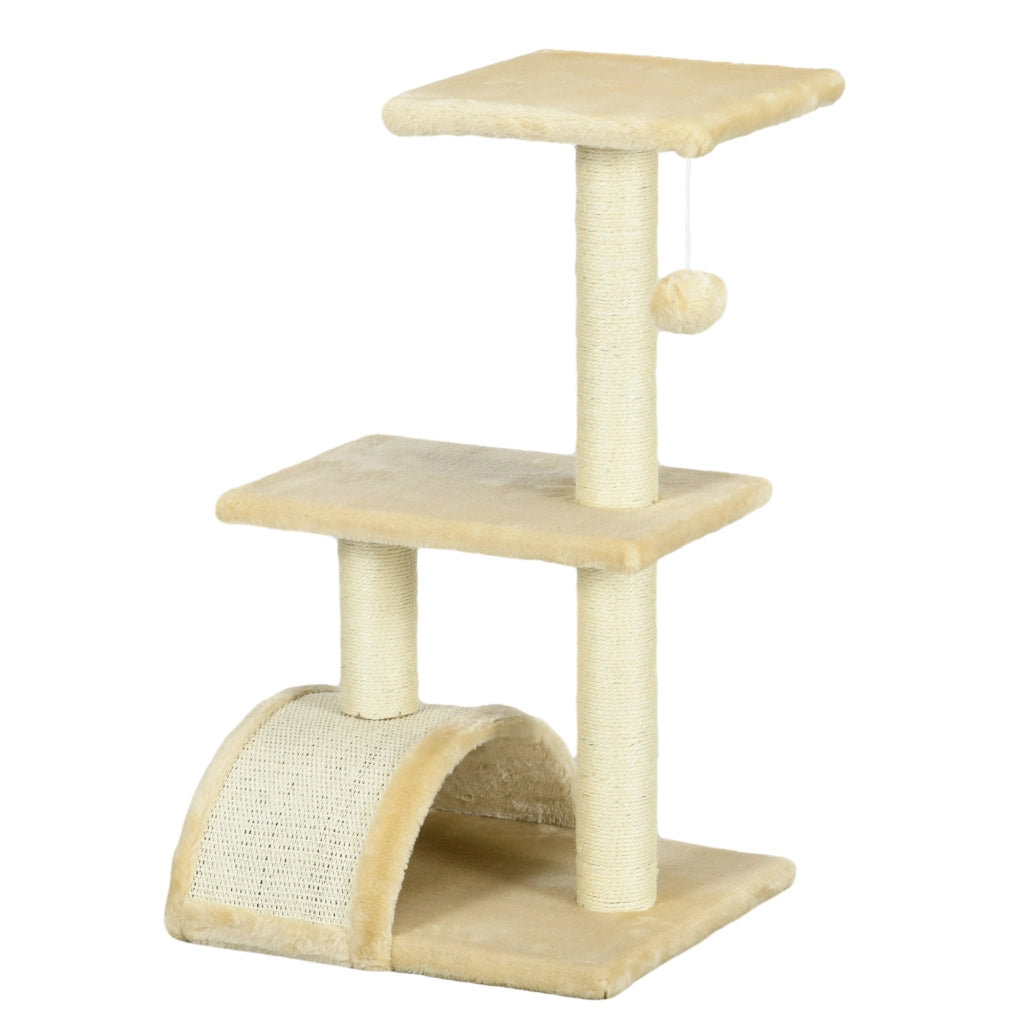 Albero per Gatti a 3 Livelli con Tiragraffi, Peluche e Sisal, 40x35x72 cm, Crema