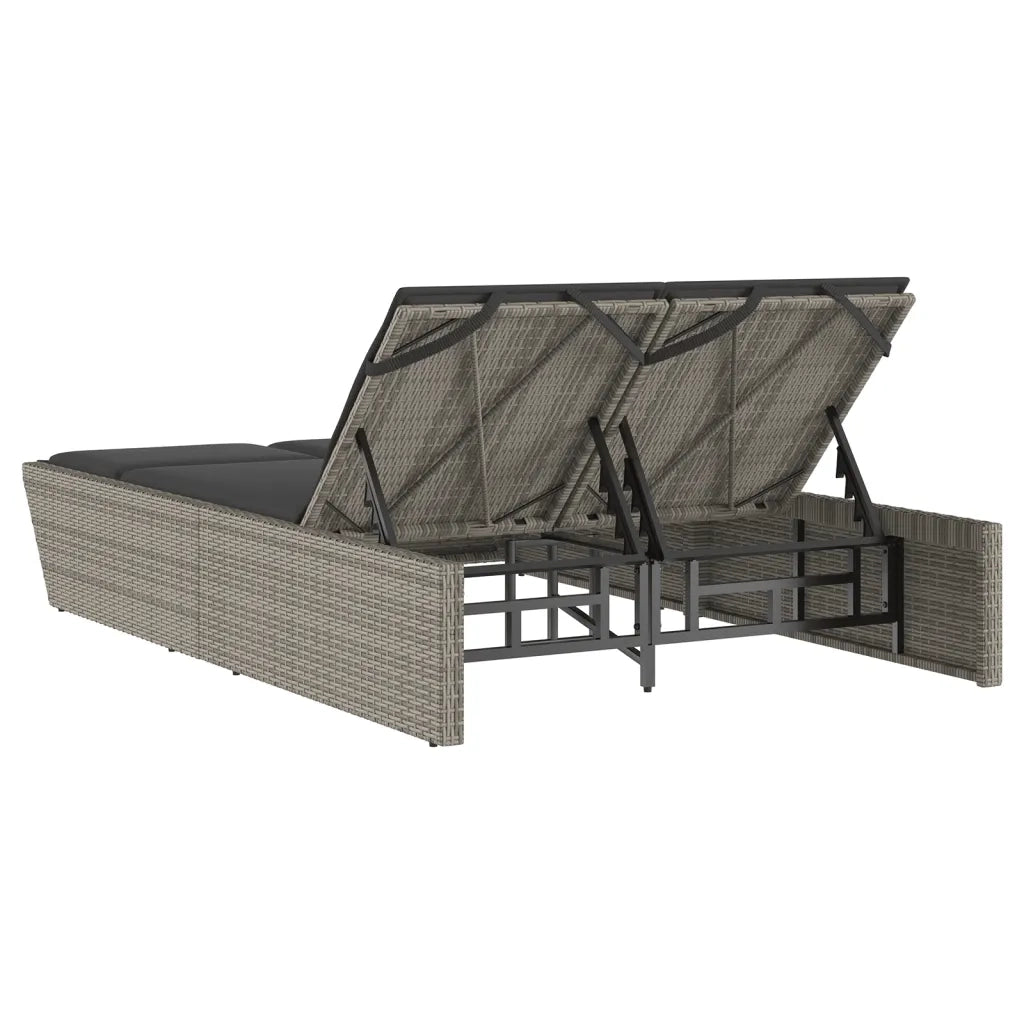 Lettino Prendisole | Sdraio da giardino | Lettino da sole Doppio con Cuscini Grigio in Polyrattan