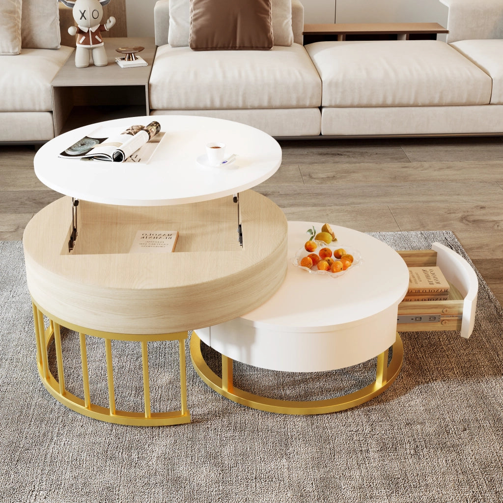 Tavolino da salotto 70x70x56 cm; 60x60x27 cm; piano sollevabile con cassetto; MDF; bianco