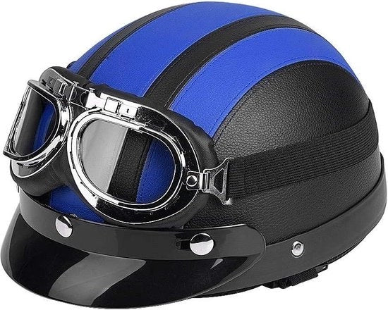 Elmetto scooter a metà copertura in pelle con visiera UV - blu.