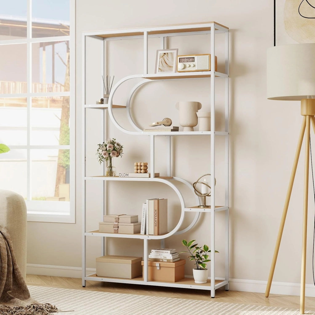 Libreria Geometrica a 8 livelli, scaffale portaoggetti con ripiani aperti in legno, struttura in metallo, kit antiribaltamento, 95 x 30 x 175 cm, per soggiorno, camera da letto, ufficio