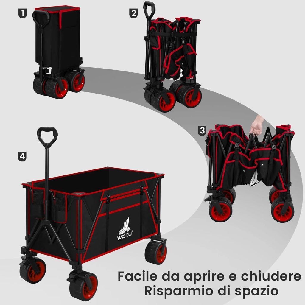 Carrello Pieghevole con Ruote da Spiaggia, Giardino, Campeggio, Viaggio, Spesa, con Borsa di Trasporto, Oxford+Acciaio, Nero+Rosso