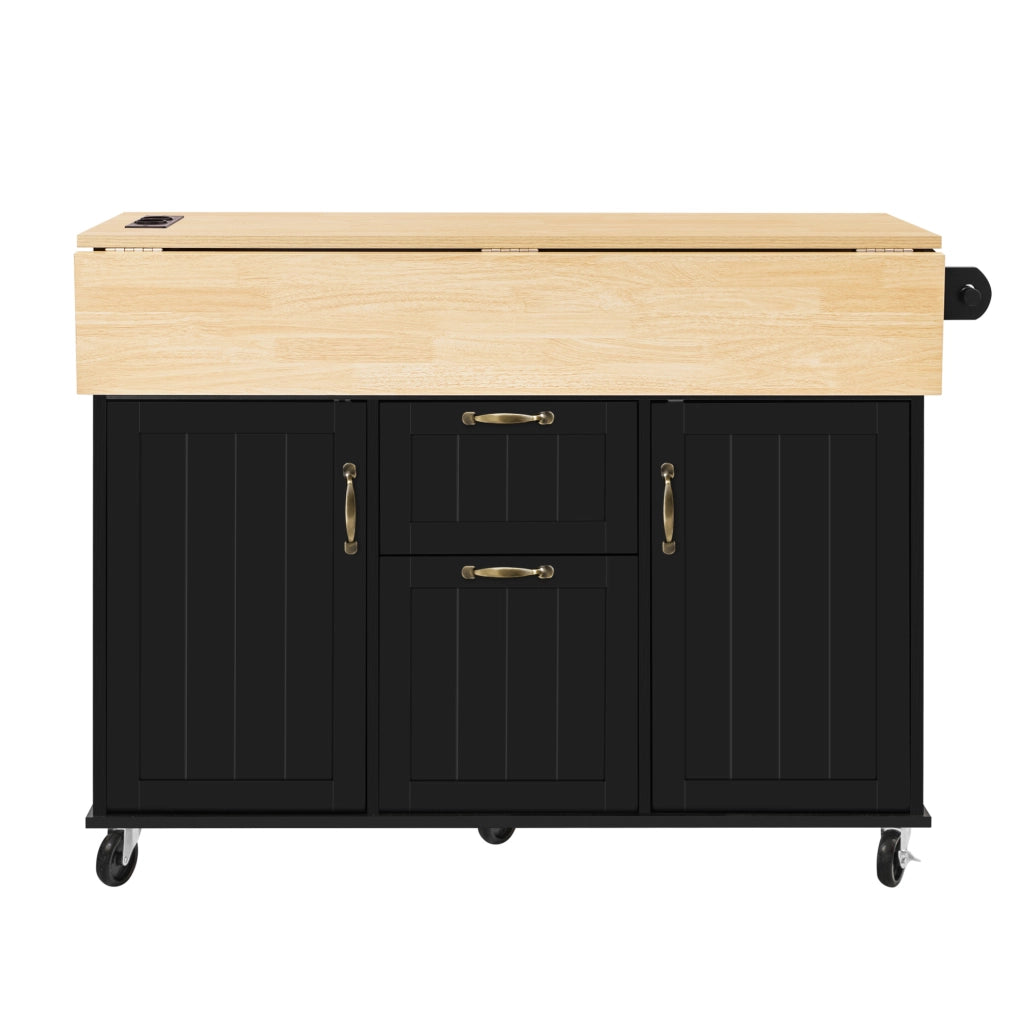 Isola cucina 120x40-60-80x92 cm con piano pieghevole e prese; in MDF e PB; nero e naturale