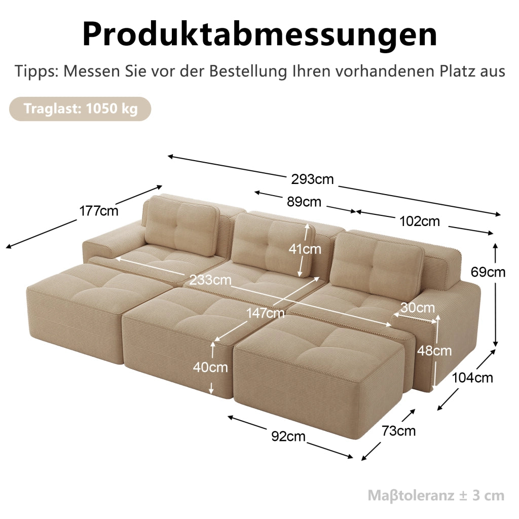 Divano angolare modulare in corda con funzione letto e 3 pouf, seduta profonda, beige