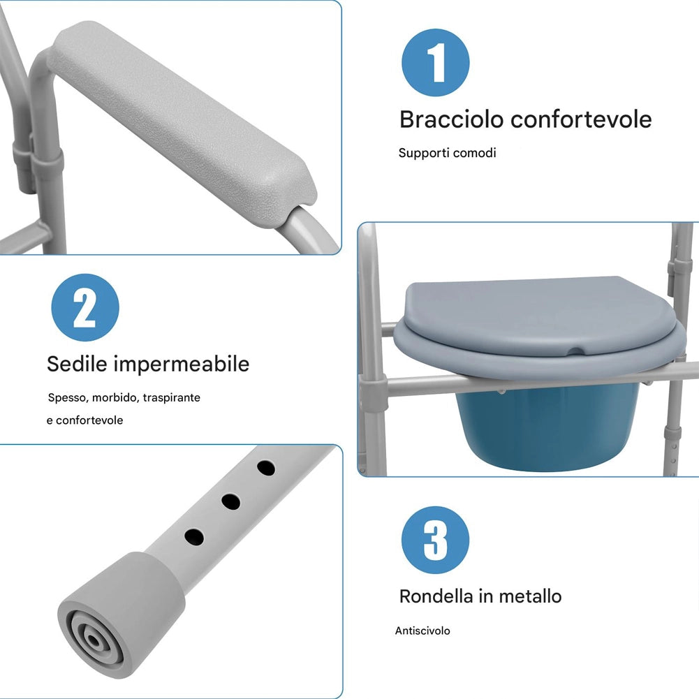 Sedia Toilette WC Leggera Vaso Removibile per Anziani a Mobilità Ridotta in Metallo Grigio Blu