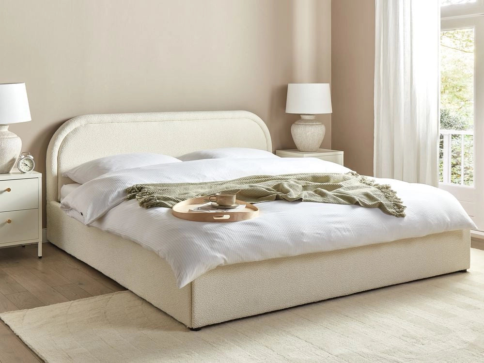Letto matrimoniale EU Light Beige Boucle 180 x 200 cm Struttura imbottita Poggiatesta con contenitore