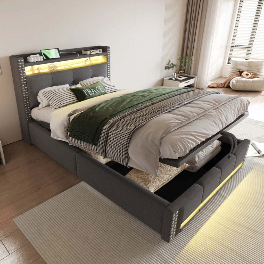 Letto imbottito singolo 90x200 cm con luci LED, porta USB, contenitore idraulico e testiera con ripiani, tessuto effetto lino grigio