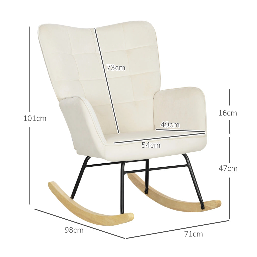 Poltrona a dondolo in velluto con braccioli, schienale alto imbottito e base in legno di faggio beige per relax
