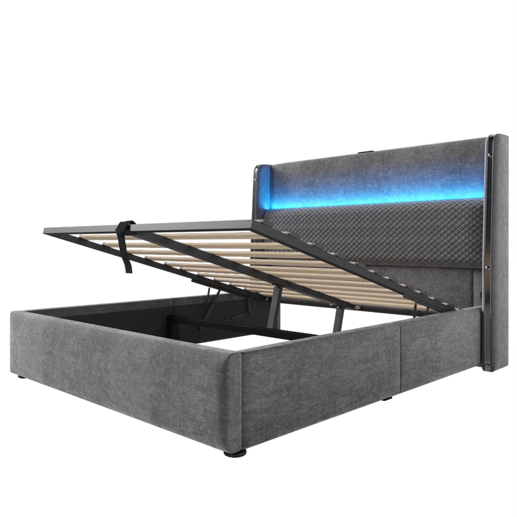 OKWISH Letto Contenitore 140×200 cm, Letto Matrimoniale con LED Regolabile, USB, Tipo C e Testiera Alta, senza Materasso, in Lino, Grigio
