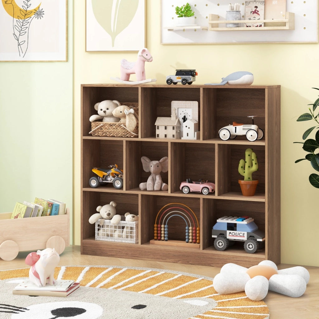 Libreria a 10 cubi con 2 kit anti-ribaltamento, Organizzatore di stoccaggio a 3 ripiani in legno alto 104cm Naturale-Librerie
