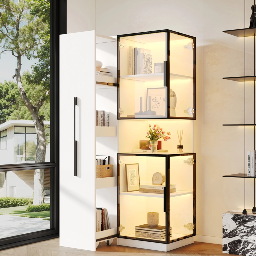 Vetrina alta in MDF e vetro 70×38×160 cm con ripiani estraibili, LED multicolore e protezione antiribaltamento, colore bianco