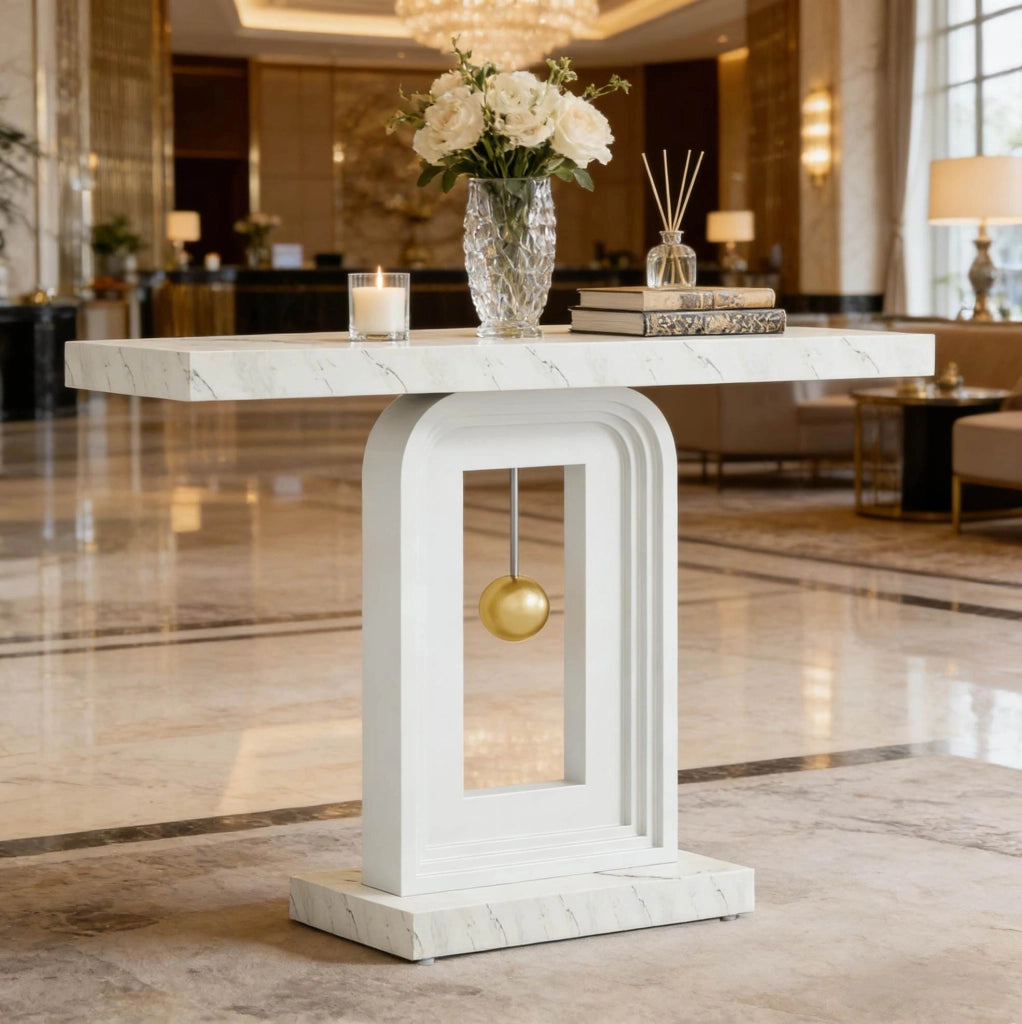 Consolle ULEVR bianca da 100 cm con piano effetto marmo e base geometrica in MDF